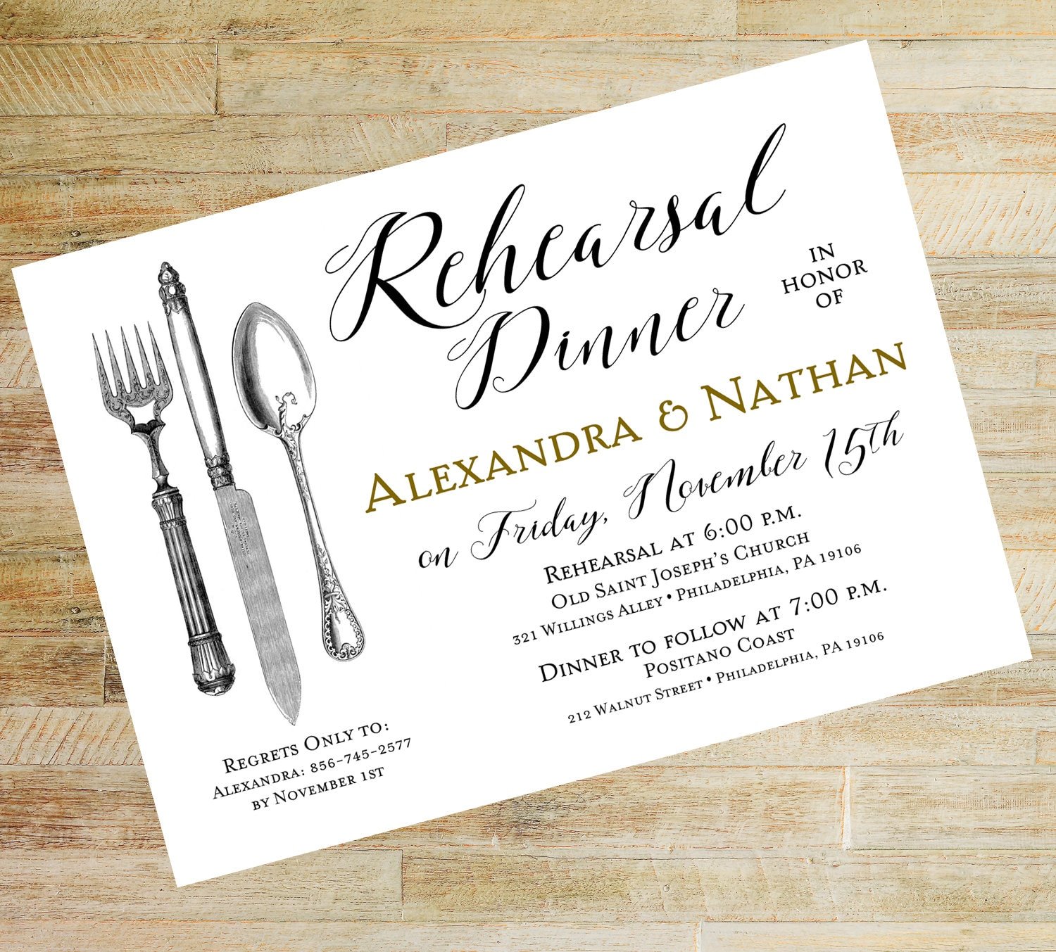 Vintage Silverware Rehearsal Dinner Invitations - Set of 10 5 x 7 Cards